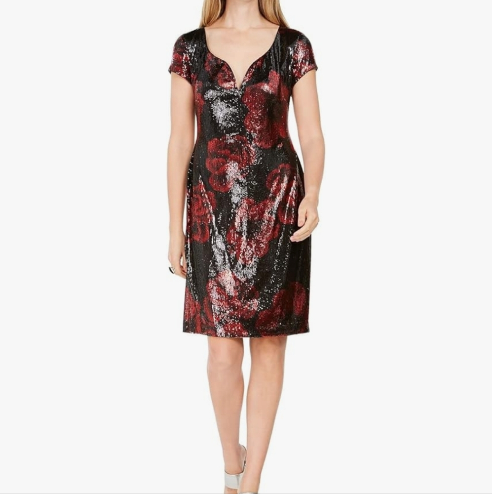 Connected Apparel Womens Floral Sequined Cocktail Dress
